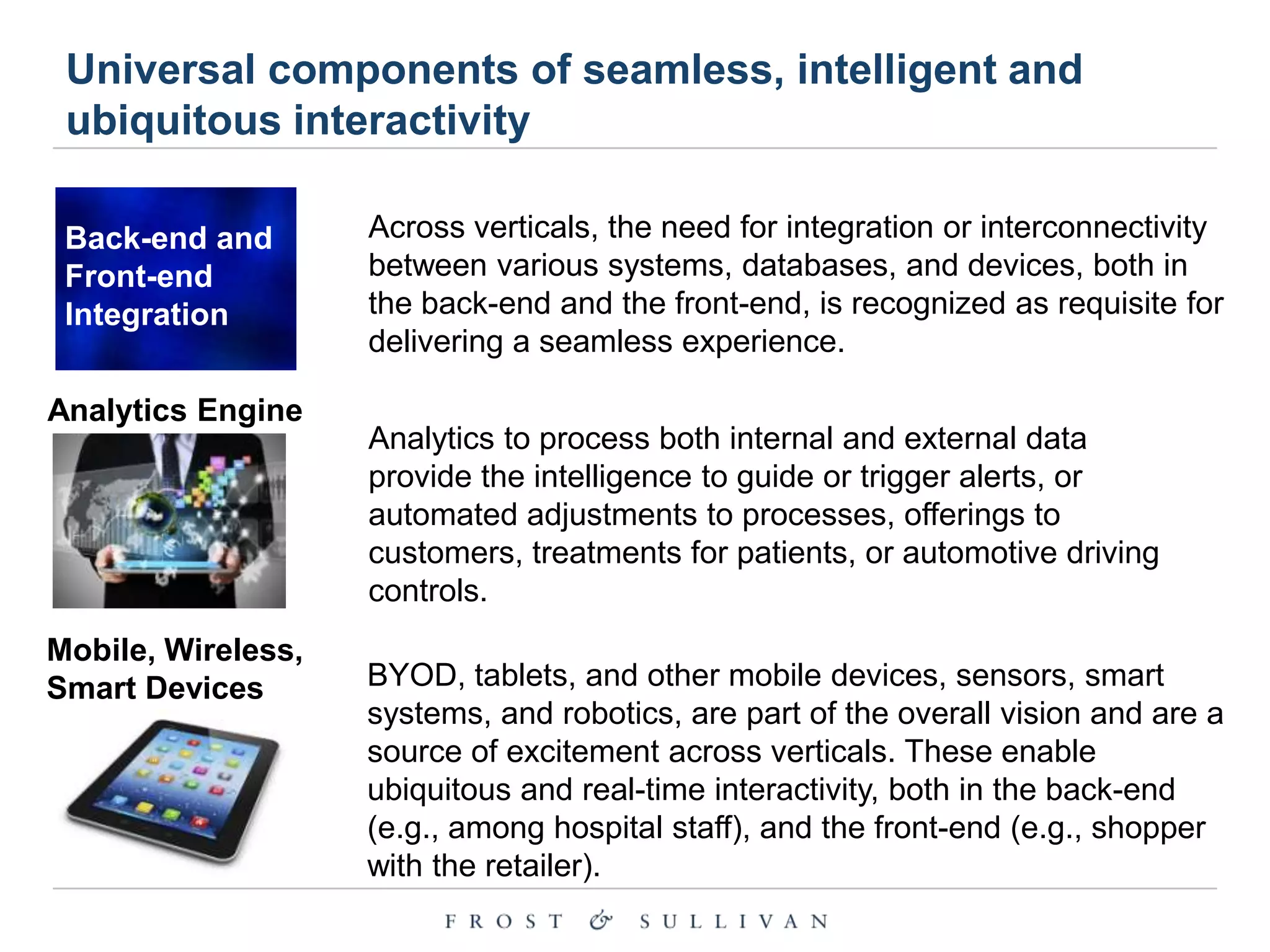 Universal components of seamless, intelligent and
ubiquitous interactivity
Back-end and
Front-end
Integration
Analytics Engine

Mobile, Wireless,
Smart Devices

Across verticals, the need for integration or interconnectivity
between various systems, databases, and devices, both in
the back-end and the front-end, is recognized as requisite for
delivering a seamless experience.
Analytics to process both internal and external data
provide the intelligence to guide or trigger alerts, or
automated adjustments to processes, offerings to
customers, treatments for patients, or automotive driving
controls.
BYOD, tablets, and other mobile devices, sensors, smart
systems, and robotics, are part of the overall vision and are a
source of excitement across verticals. These enable
ubiquitous and real-time interactivity, both in the back-end
(e.g., among hospital staff), and the front-end (e.g., shopper
with the retailer).

 