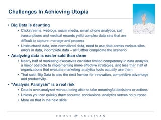 Challenges In Achieving Utopia
• Big Data is daunting
• Clickstreams, weblogs, social media, smart phone analytics, call
transcriptions and medical records yield complex data sets that are
difficult to capture, manage and process
• Unstructured data, non-normalized data, need to use data across various silos,
errors in data, incomplete data – all further complicate the scenario

• Analyzing data is easier said than done
• Nearly half of marketing executives consider limited competency in data analysis
a major obstacle to implementing more effective strategies, and less than half of
organizations that evaluate marketing analytics tools actually use them
• That said, Big Data is also the next frontier for innovation, competitive advantage
and productivity

• “Analysis Paralysis” is a real risk
• Data is over-analyzed without being able to take meaningful decisions or actions
• Unless you can quickly draw accurate conclusions, analytics serves no purpose
• More on that in the next slide

 