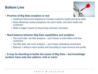 Bottom Line
• Promise of Big Data analytics is real
• Implement behavioral targeting to increase customer loyalty and grow sales
• More effectively nurture prospects into warm leads, and warm leads into
customers
• Make a bigger impact by discovering unknown unknowns

• Need balance between Big Data capabilities and analytics
• Too much data, too little analytics – you‟ll drown in information and lose
customers
• Too little data, too much analytics – you‟ll draw misleading conclusions
• Balance = ability to react quickly and accurately to raise revenue and profits

• It may be daunting to tackle the ocean of Big Data – but knowledge
workers have only two options: sink or swim

 