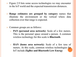  Figure 2.9 lists some access technologies we may encounter
in the IoT world and the expected transmission distances.
 Range estimates are grouped by category names that
illustrate the environment or the vertical where data
collection over that range is expected.
 Common groups are as follows:
 PAN (personal area network): Scale of a few meters.
This is the personal space around a person. A common
wireless technology for this scale is Bluetooth.
 HAN (home area network): Scale of a few tens of
meters. At this scale, common wireless technologies for
IoT include ZigBee and Bluetooth Low Energy
 