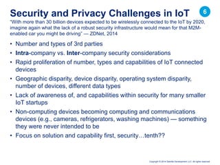 Copyright © 2014 Deloitte Development LLC. All rights reserved.
• Number and types of 3rd parties
• Intra-company vs. Inter-company security considerations
• Rapid proliferation of number, types and capabilities of IoT connected
devices
• Geographic disparity, device disparity, operating system disparity,
number of devices, different data types
• Lack of awareness of, and capabilities within security for many smaller
IoT startups
• Non-computing devices becoming computing and communications
devices (e.g., cameras, refrigerators, washing machines) — something
they were never intended to be
• Focus on solution and capability first, security…tenth??
“With more than 30 billion devices expected to be wirelessly connected to the IoT by 2020,
imagine again what the lack of a robust security infrastructure would mean for that M2M-
enabled car you might be driving” — ZDNet, 2014
Security and Privacy Challenges in IoT 6
 