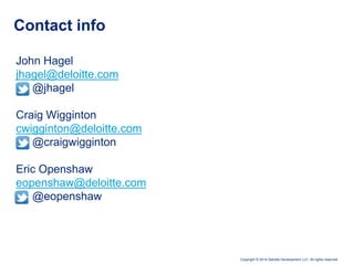 Copyright © 2014 Deloitte Development LLC. All rights reserved.
John Hagel
jhagel@deloitte.com
@jhagel
Craig Wigginton
cwigginton@deloitte.com
@craigwigginton
Eric Openshaw
eopenshaw@deloitte.com
@eopenshaw
Contact info
 