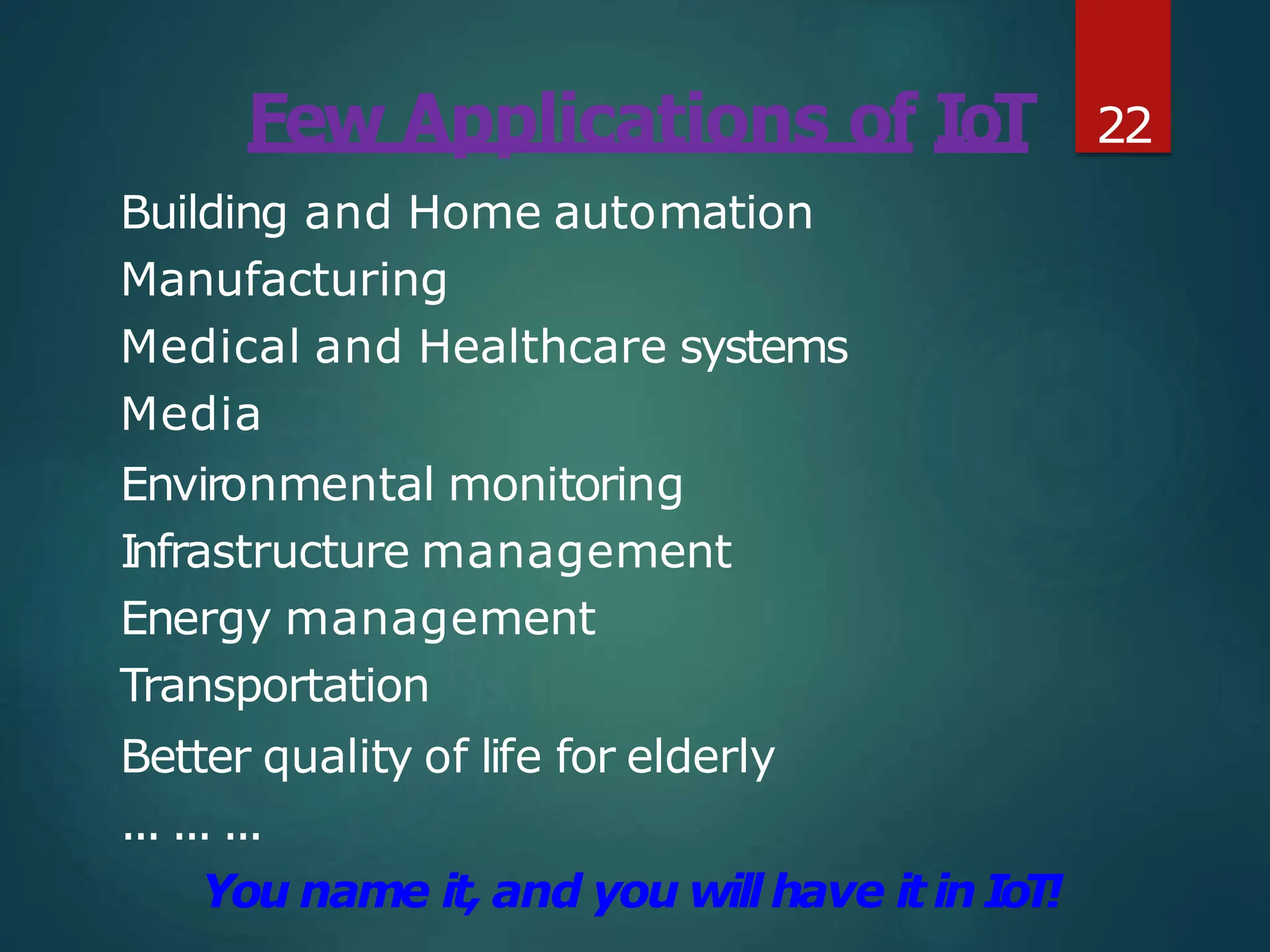 Few Applications of IoT
Building and Home automation
Manufacturing
Medical and Healthcare systems
Media
Environmental monitoring
Infrastructure management
Energy management
Transportation
Better quality of life for elderly
... ... ...
You name it, and you will have itinIoT!
22
 