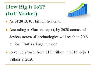 How Big is IoT?
(IoT Market)
 As of 2013, 9.1 billion IoT units
 According to Gartner report, by 2020 connected
devices across all technologies will reach to 20.6
billion. That’s a huge number.
 Revenue growth from $1.9 trillion in 2013 to $7.1
trillion in 2020
 