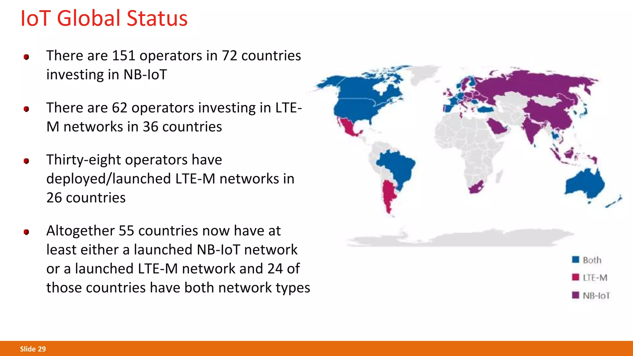 Slide 29
IoT Global Status
There are 151 operators in 72 countries
investing in NB-IoT
There are 62 operators investing in LTE-
M networks in 36 countries
Thirty-eight operators have
deployed/launched LTE-M networks in
26 countries
Altogether 55 countries now have at
least either a launched NB-IoT network
or a launched LTE-M network and 24 of
those countries have both network types
 
