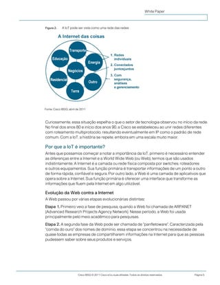 Cisco IBSG © 2011 Cisco e/ou suas afiliadas. Todos os direitos reservados. Página 5
White Paper
Figura 2. A IoT pode ser vista como uma rede das redes
Curiosamente, essa situação espelha o que o setor de tecnologia observou no início da rede.
No final dos anos 80 e início dos anos 90, a Cisco se estabeleceu ao unir redes diferentes
com roteamento multiprotocolo, resultando eventualmente em IP como o padrão de rede
comum. Com a IoT, a história se repete, embora em uma escala muito maior.
Por que a IoT é importante?
Antes que possamos começar a notar a importância da IoT, primeiro é necessário entender
as diferenças entre a Internet e a World Wide Web (ou Web), termos que são usados
indistintamente. A Internet é a camada ou rede física composta por switches, roteadores
e outros equipamentos. Sua função primária é transportar informações de um ponto a outro
de forma rápida, confiável e segura. Por outro lado, a Web é uma camada de aplicativos que
opera sobre a Internet. Sua função primária é oferecer uma interface que transforme as
informações que fluem pela Internet em algo utilizável.
Evolução da Web contra a Internet
A Web passou por várias etapas evolucionárias distintas:
Etapa 1. Primeiro veio a fase de pesquisa, quando a Web foi chamada de ARPANET
(Advanced Research Projects Agency Network). Nesse período, a Web foi usada
principalmente pelo meio acadêmico para pesquisas.
Etapa 2. A segunda fase da Web pode ser chamada de "panfletoware". Caracterizada pela
"corrida do ouro" dos nomes de domínio, essa etapa se concentrou na necessidade de
quase todas as empresas de compartilharem informações na Internet para que as pessoas
pudessem saber sobre seus produtos e serviços.
Fonte: Cisco IBSG, abril de 2011
 