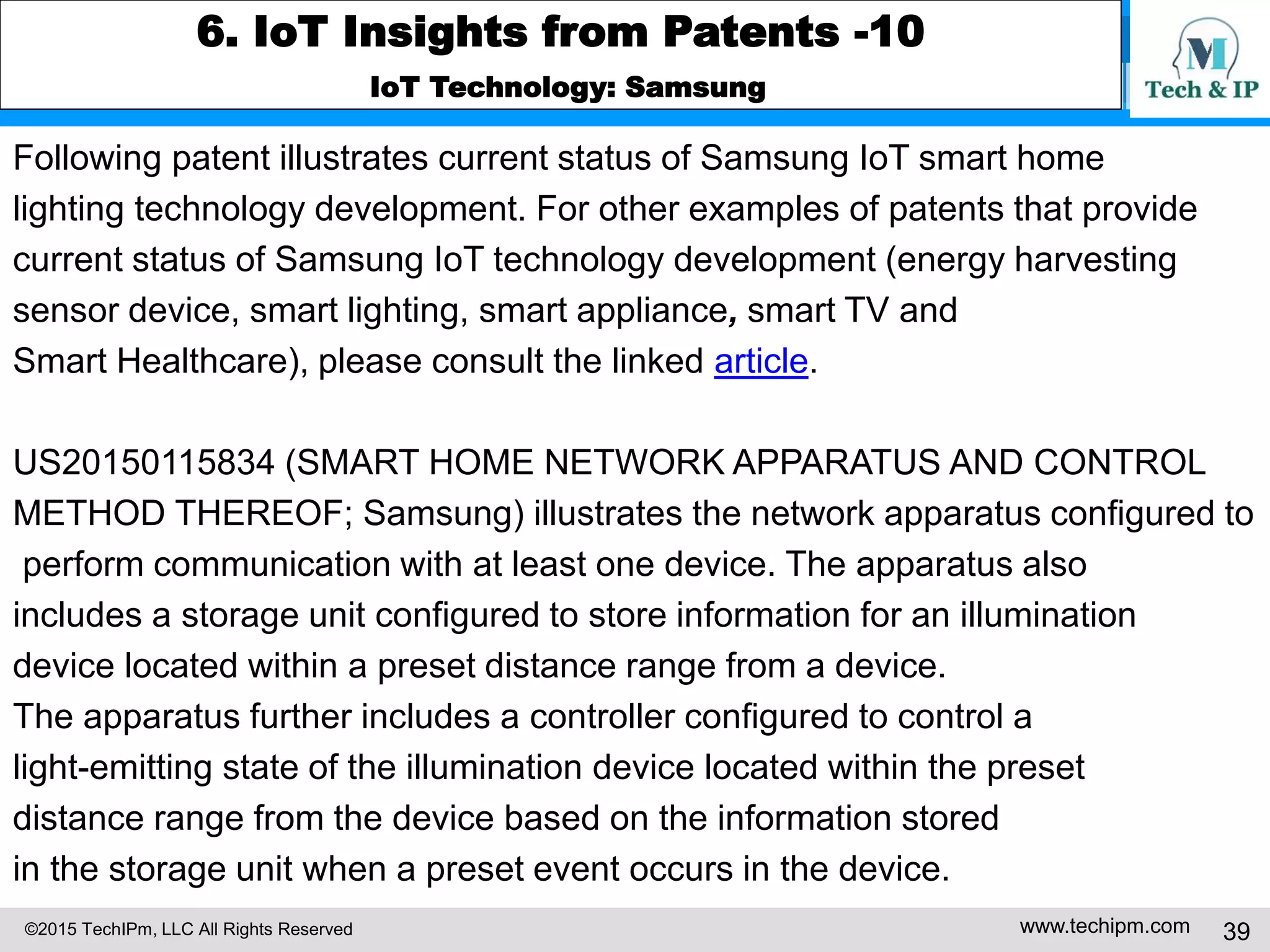 ©2015 TechIPm, LLC All Rights Reserved www.techipm.com 39
6. IoT Insights from Patents -10
IoT Technology: Samsung
Following patent illustrates current status of Samsung IoT smart home
lighting technology development. For other examples of patents that provide
current status of Samsung IoT technology development (energy harvesting
sensor device, smart lighting, smart appliance, smart TV and
Smart Healthcare), please consult the linked article.
US20150115834 (SMART HOME NETWORK APPARATUS AND CONTROL
METHOD THEREOF; Samsung) illustrates the network apparatus configured to
perform communication with at least one device. The apparatus also
includes a storage unit configured to store information for an illumination
device located within a preset distance range from a device.
The apparatus further includes a controller configured to control a
light-emitting state of the illumination device located within the preset
distance range from the device based on the information stored
in the storage unit when a preset event occurs in the device.
 