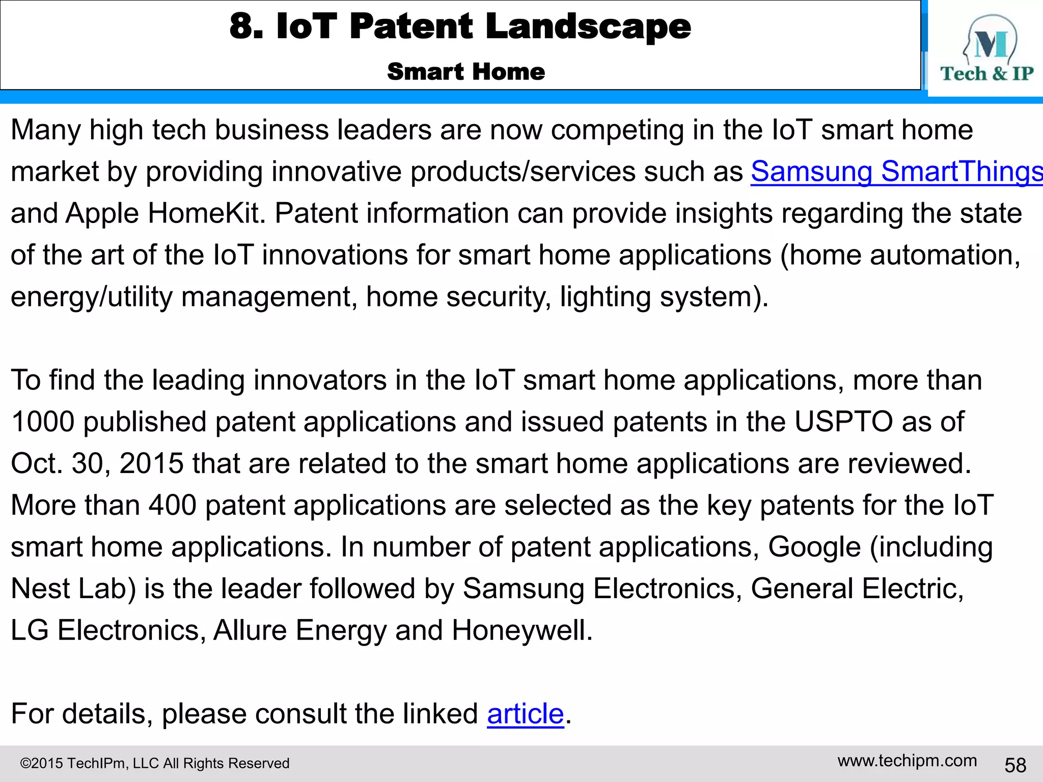 ©2015 TechIPm, LLC All Rights Reserved www.techipm.com 58
8. IoT Patent Landscape
Smart Home
Many high tech business leaders are now competing in the IoT smart home
market by providing innovative products/services such as Samsung SmartThings
and Apple HomeKit. Patent information can provide insights regarding the state
of the art of the IoT innovations for smart home applications (home automation,
energy/utility management, home security, lighting system).
To find the leading innovators in the IoT smart home applications, more than
1000 published patent applications and issued patents in the USPTO as of
Oct. 30, 2015 that are related to the smart home applications are reviewed.
More than 400 patent applications are selected as the key patents for the IoT
smart home applications. In number of patent applications, Google (including
Nest Lab) is the leader followed by Samsung Electronics, General Electric,
LG Electronics, Allure Energy and Honeywell.
For details, please consult the linked article.
 