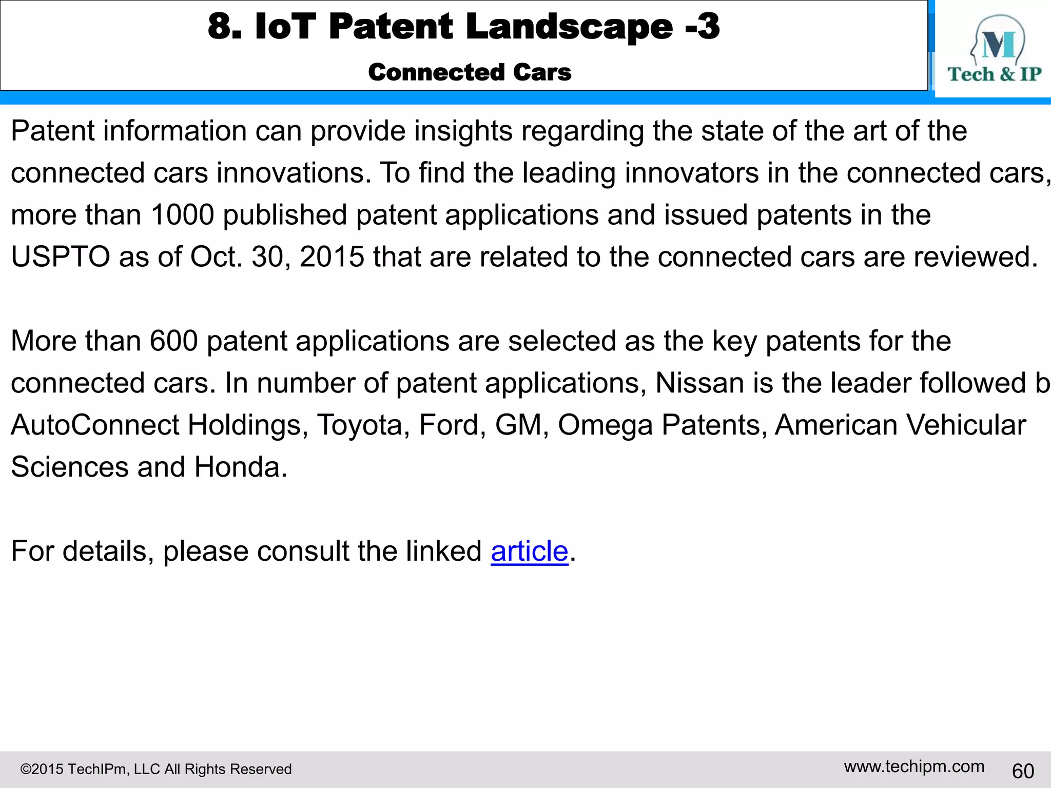 ©2015 TechIPm, LLC All Rights Reserved www.techipm.com 60
8. IoT Patent Landscape -3
Connected Cars
Patent information can provide insights regarding the state of the art of the
connected cars innovations. To find the leading innovators in the connected cars,
more than 1000 published patent applications and issued patents in the
USPTO as of Oct. 30, 2015 that are related to the connected cars are reviewed.
More than 600 patent applications are selected as the key patents for the
connected cars. In number of patent applications, Nissan is the leader followed b
AutoConnect Holdings, Toyota, Ford, GM, Omega Patents, American Vehicular
Sciences and Honda.
For details, please consult the linked article.
 