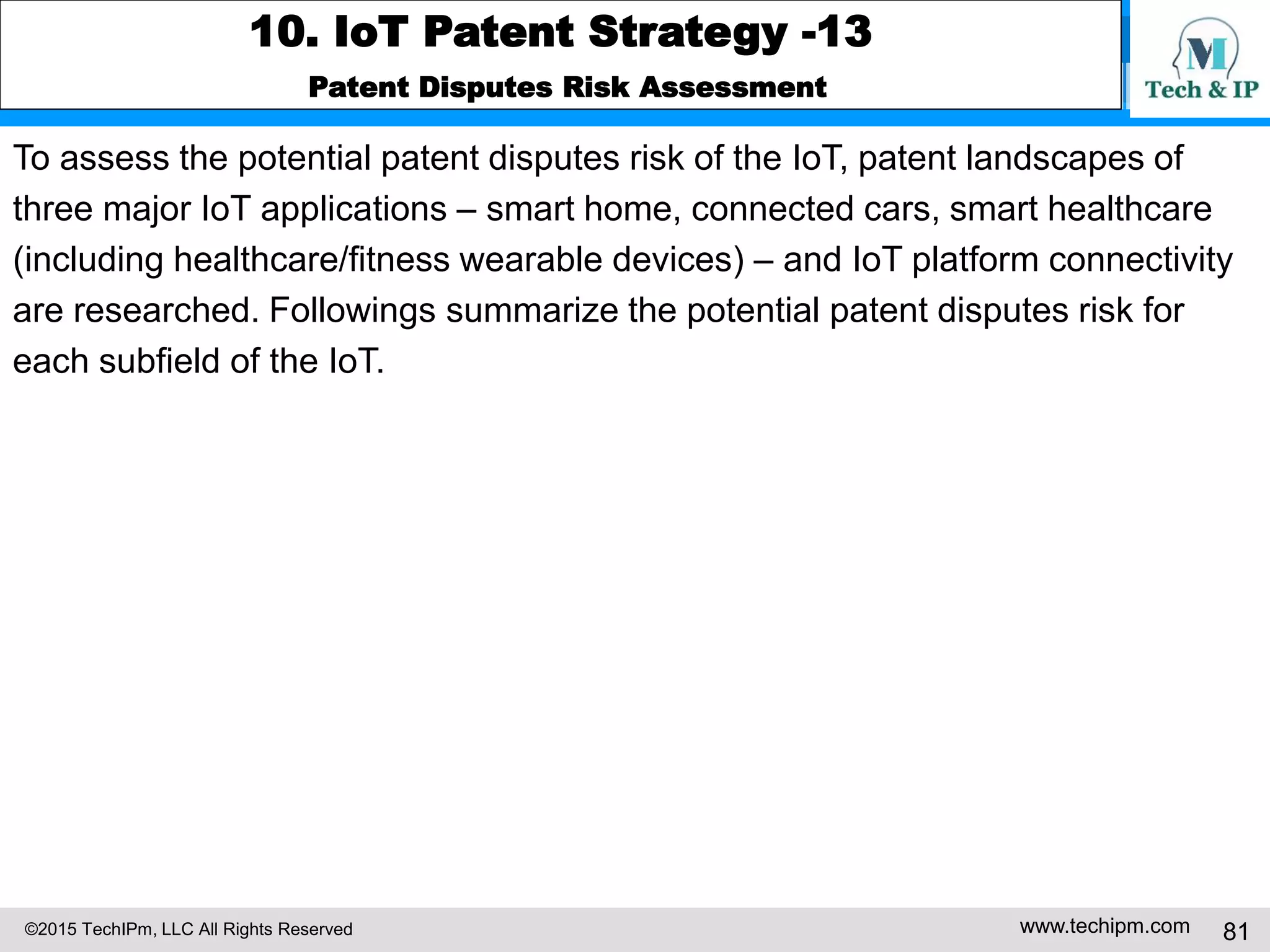 ©2015 TechIPm, LLC All Rights Reserved www.techipm.com 81
10. IoT Patent Strategy -13
Patent Disputes Risk Assessment
To assess the potential patent disputes risk of the IoT, patent landscapes of
three major IoT applications – smart home, connected cars, smart healthcare
(including healthcare/fitness wearable devices) – and IoT platform connectivity
are researched. Followings summarize the potential patent disputes risk for
each subfield of the IoT.
 