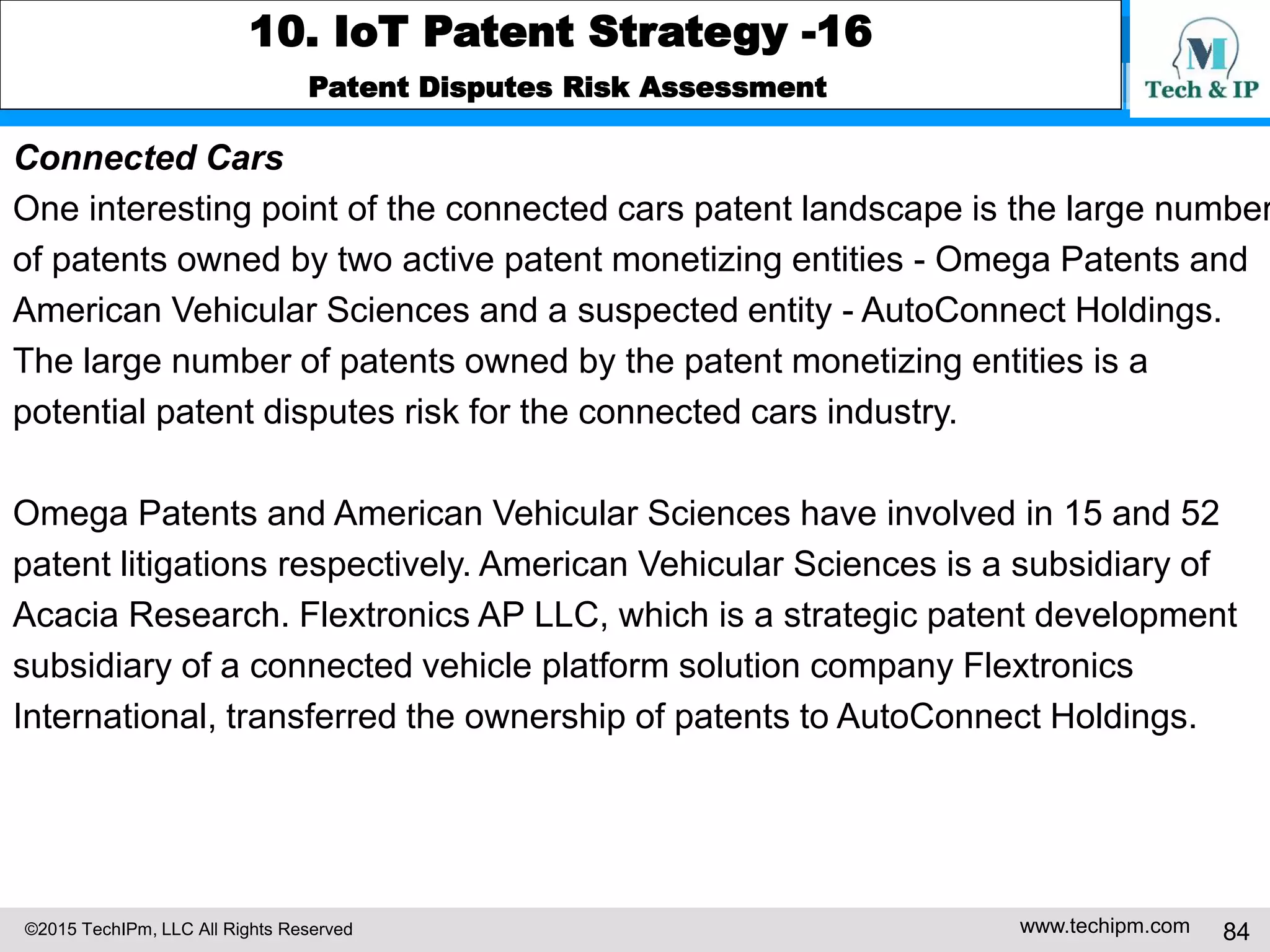 ©2015 TechIPm, LLC All Rights Reserved www.techipm.com 84
10. IoT Patent Strategy -16
Patent Disputes Risk Assessment
Connected Cars
One interesting point of the connected cars patent landscape is the large number
of patents owned by two active patent monetizing entities - Omega Patents and
American Vehicular Sciences and a suspected entity - AutoConnect Holdings.
The large number of patents owned by the patent monetizing entities is a
potential patent disputes risk for the connected cars industry.
Omega Patents and American Vehicular Sciences have involved in 15 and 52
patent litigations respectively. American Vehicular Sciences is a subsidiary of
Acacia Research. Flextronics AP LLC, which is a strategic patent development
subsidiary of a connected vehicle platform solution company Flextronics
International, transferred the ownership of patents to AutoConnect Holdings.
 
