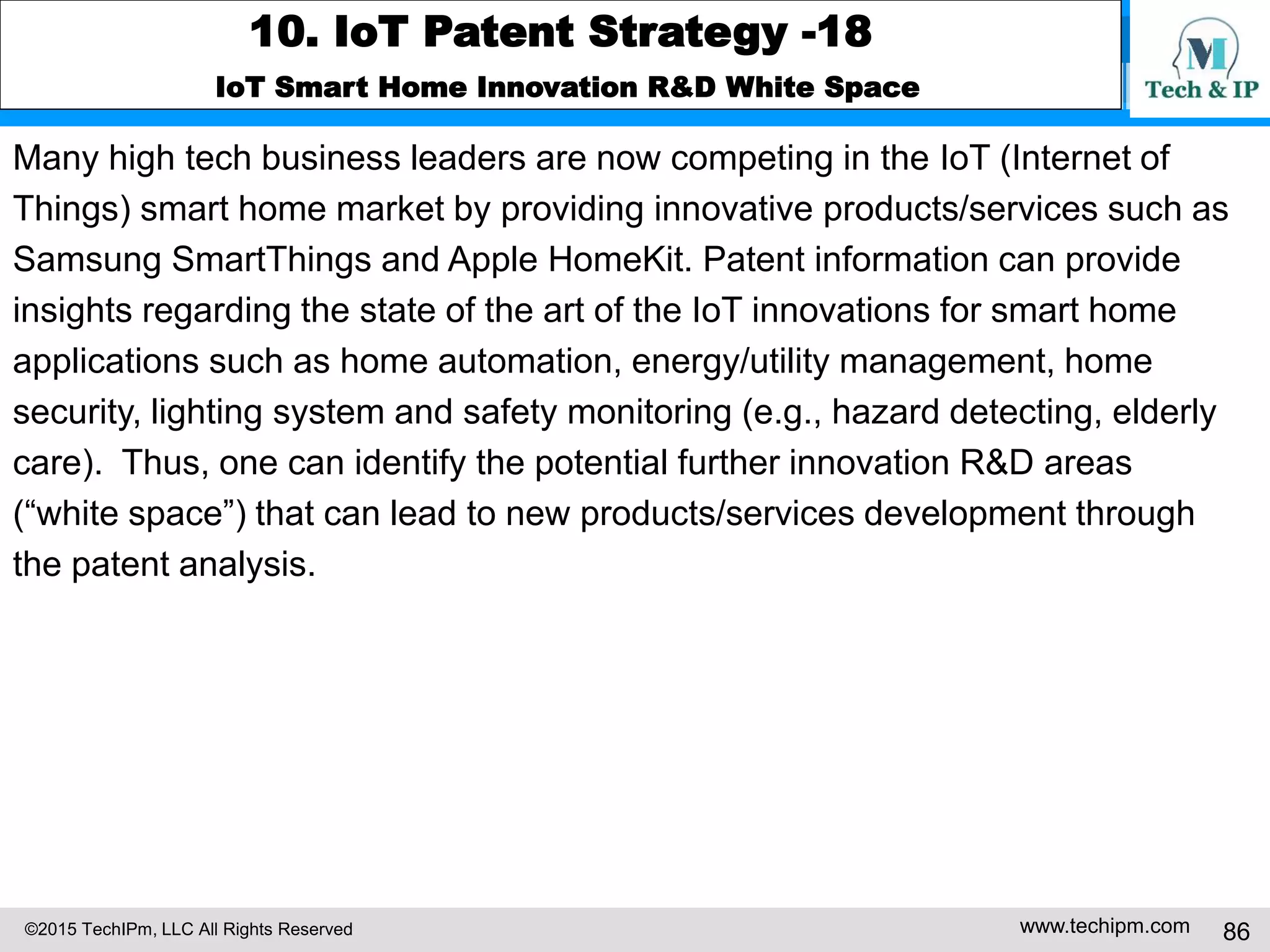 ©2015 TechIPm, LLC All Rights Reserved www.techipm.com 86
10. IoT Patent Strategy -18
IoT Smart Home Innovation R&D White Space
Many high tech business leaders are now competing in the IoT (Internet of
Things) smart home market by providing innovative products/services such as
Samsung SmartThings and Apple HomeKit. Patent information can provide
insights regarding the state of the art of the IoT innovations for smart home
applications such as home automation, energy/utility management, home
security, lighting system and safety monitoring (e.g., hazard detecting, elderly
care). Thus, one can identify the potential further innovation R&D areas
(“white space”) that can lead to new products/services development through
the patent analysis.
 