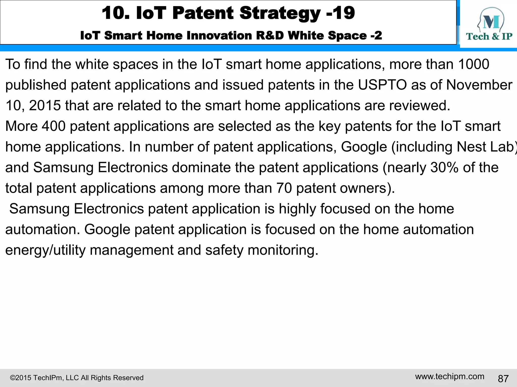 ©2015 TechIPm, LLC All Rights Reserved www.techipm.com 87
10. IoT Patent Strategy -19
IoT Smart Home Innovation R&D White Space -2
To find the white spaces in the IoT smart home applications, more than 1000
published patent applications and issued patents in the USPTO as of November
10, 2015 that are related to the smart home applications are reviewed.
More 400 patent applications are selected as the key patents for the IoT smart
home applications. In number of patent applications, Google (including Nest Lab)
and Samsung Electronics dominate the patent applications (nearly 30% of the
total patent applications among more than 70 patent owners).
Samsung Electronics patent application is highly focused on the home
automation. Google patent application is focused on the home automation
energy/utility management and safety monitoring.
 