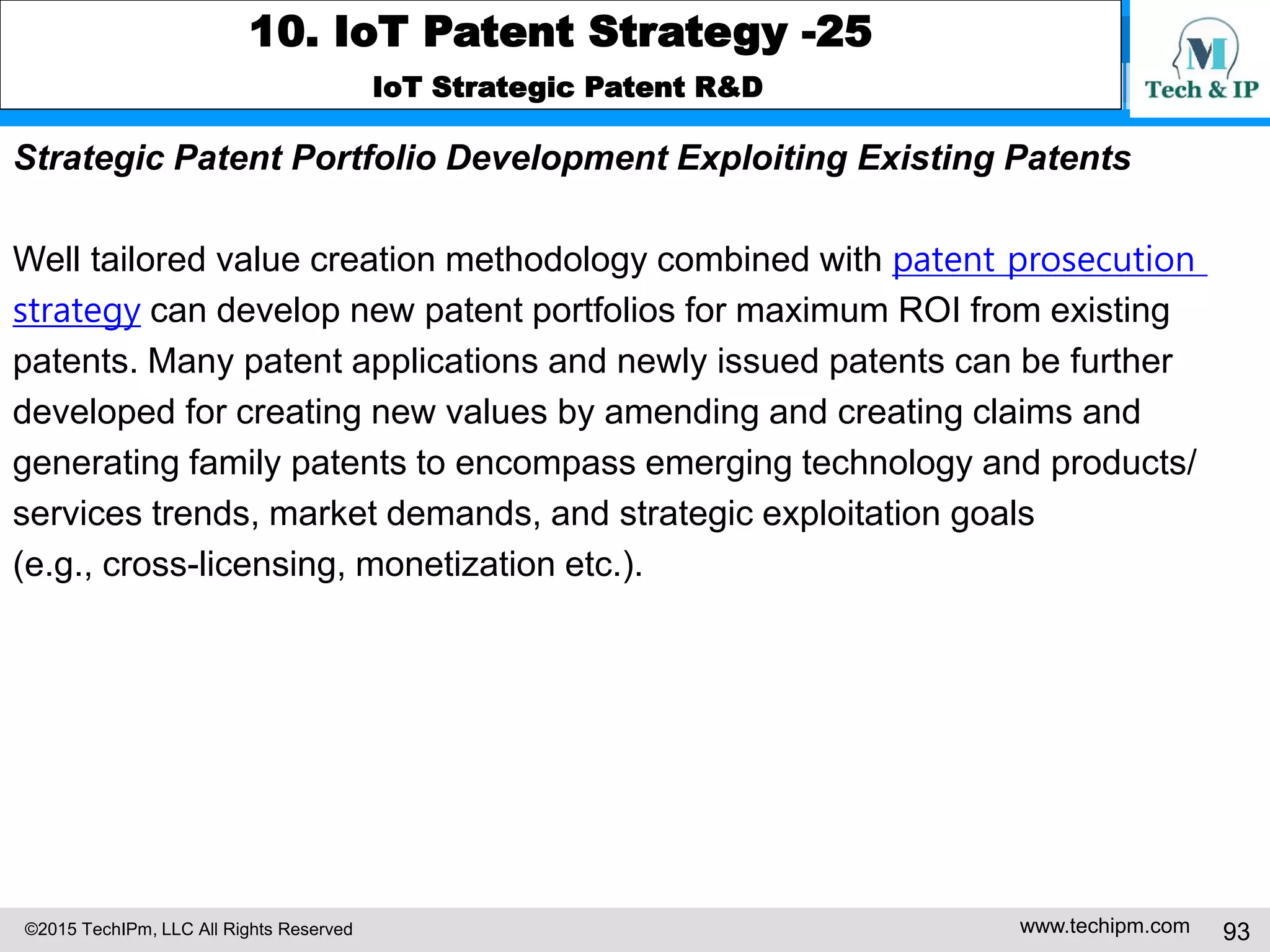 ©2015 TechIPm, LLC All Rights Reserved www.techipm.com 93
10. IoT Patent Strategy -25
IoT Strategic Patent R&D
Strategic Patent Portfolio Development Exploiting Existing Patents
Well tailored value creation methodology combined with patent prosecution
strategy can develop new patent portfolios for maximum ROI from existing
patents. Many patent applications and newly issued patents can be further
developed for creating new values by amending and creating claims and
generating family patents to encompass emerging technology and products/
services trends, market demands, and strategic exploitation goals
(e.g., cross-licensing, monetization etc.).
 