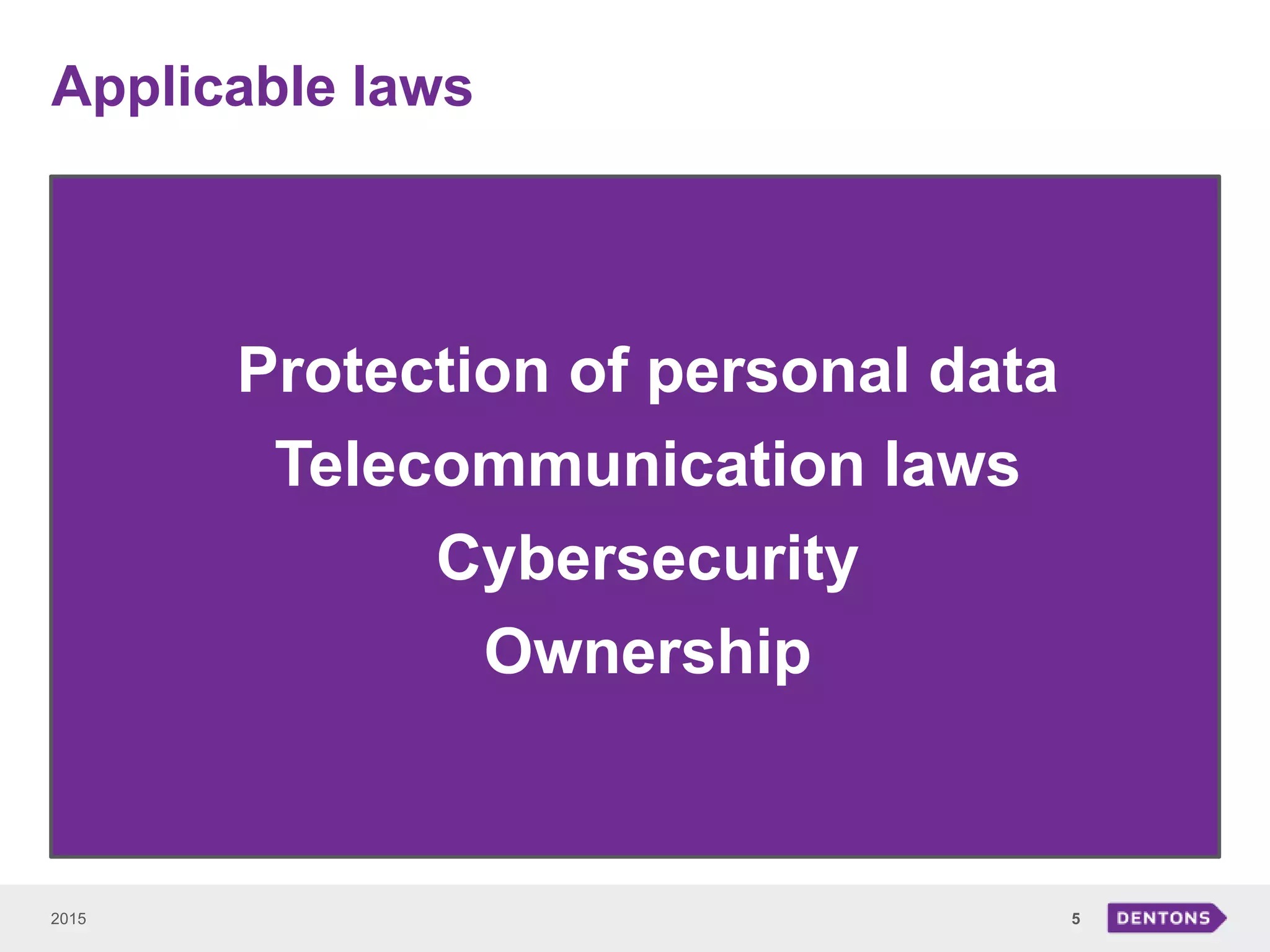 Applicable laws
2015 5
•Protection of personal data
•Telecommunication laws
•Cybersecurity
•Ownership
 