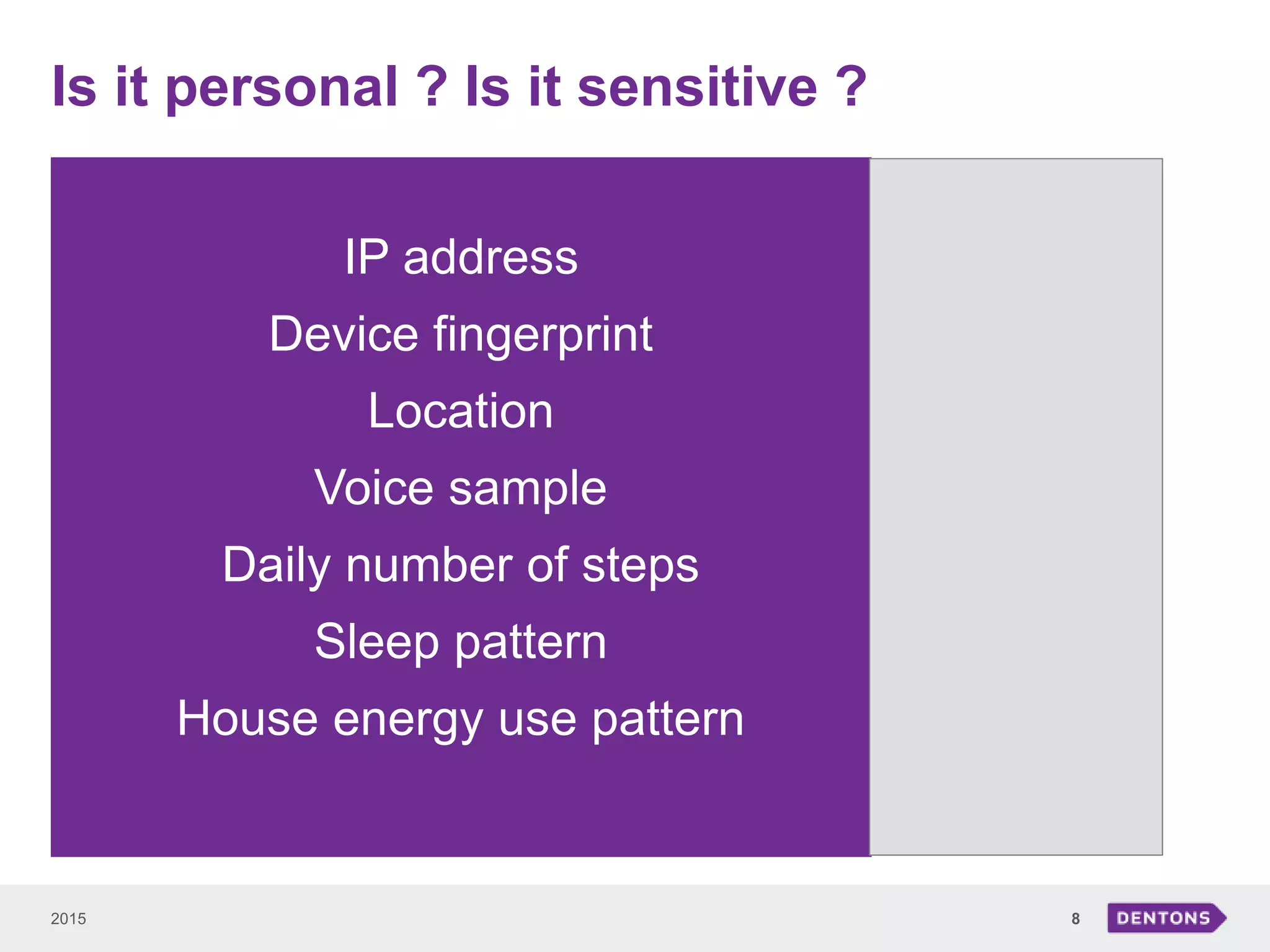 Is it personal ? Is it sensitive ?
2015 8
IP address
Device fingerprint
Location
Voice sample
Daily number of steps
Sleep pattern
House energy use pattern
 