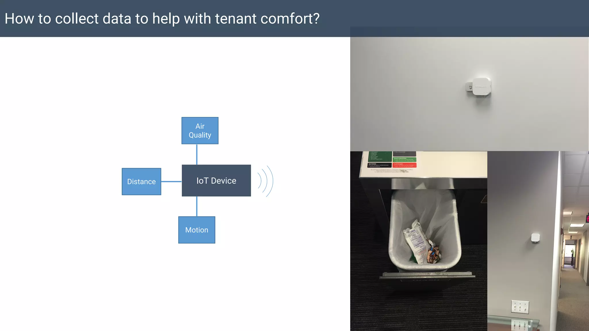 IoT Device
How to collect data to help with tenant comfort?
Air
Quality
Motion
Distance
 