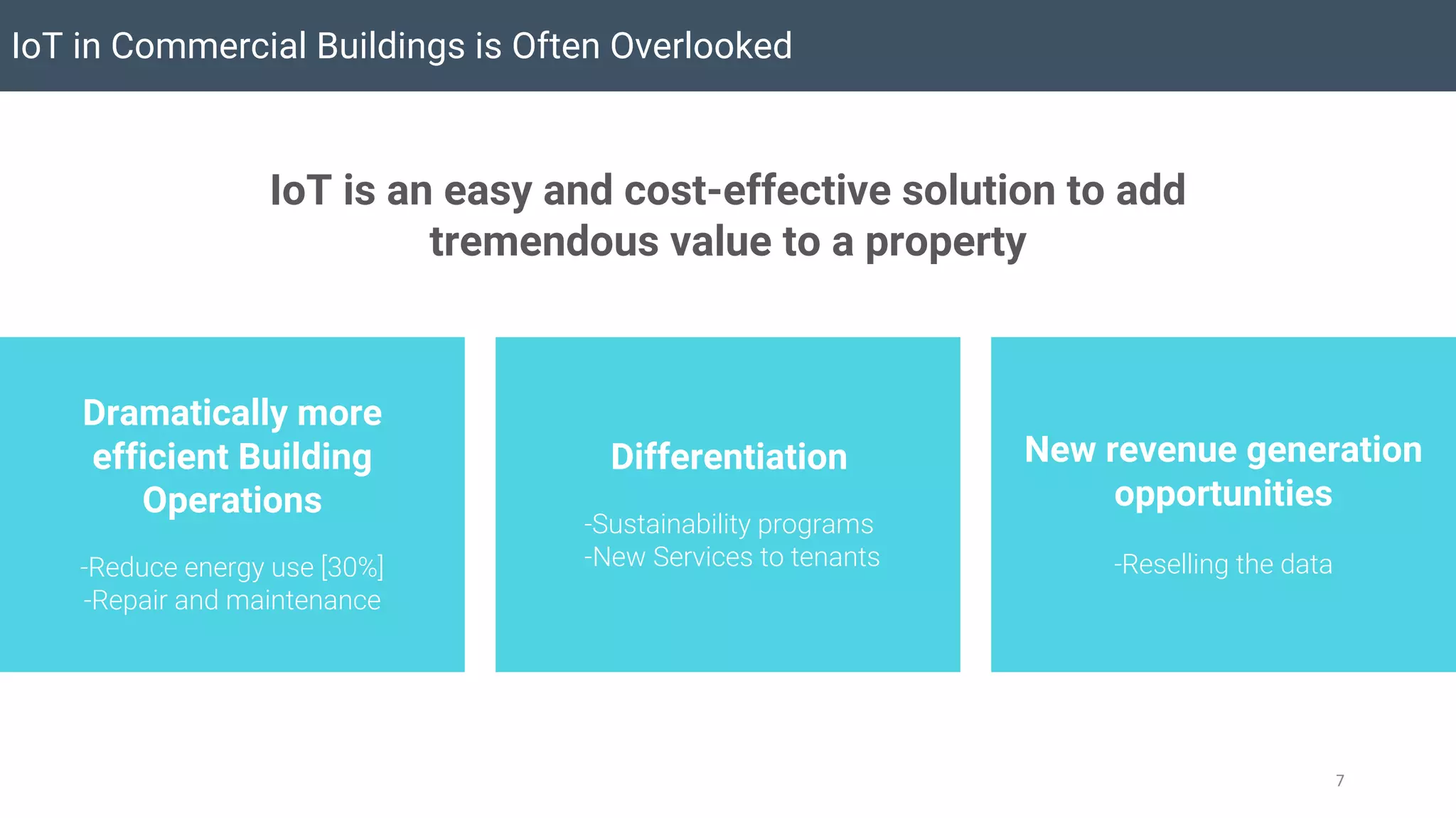 IoT in Commercial Buildings is Often Overlooked
7
Dramatically more
efficient Building
Operations
-Reduce energy use [30%]
-Repair and maintenance
New revenue generation
opportunities
-Reselling the data
Differentiation
-Sustainability programs
-New Services to tenants
IoT is an easy and cost-effective solution to add
tremendous value to a property
 