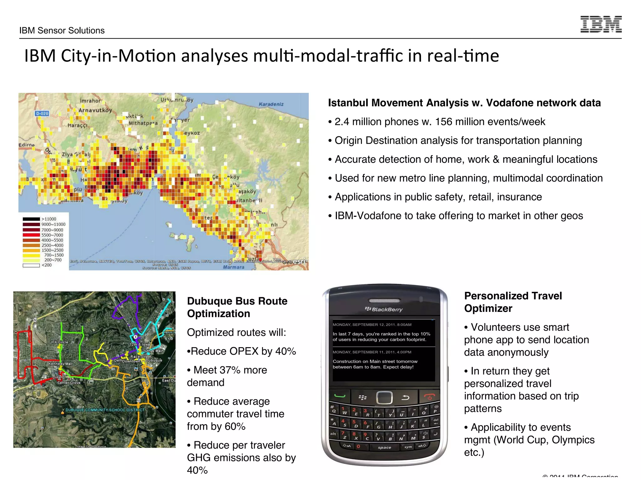 IBM Sensor Solutions


 IBM City-in-Motion analyses multi-modal-traffic in real-time




                                                                © 2011 IBM Corporation
 