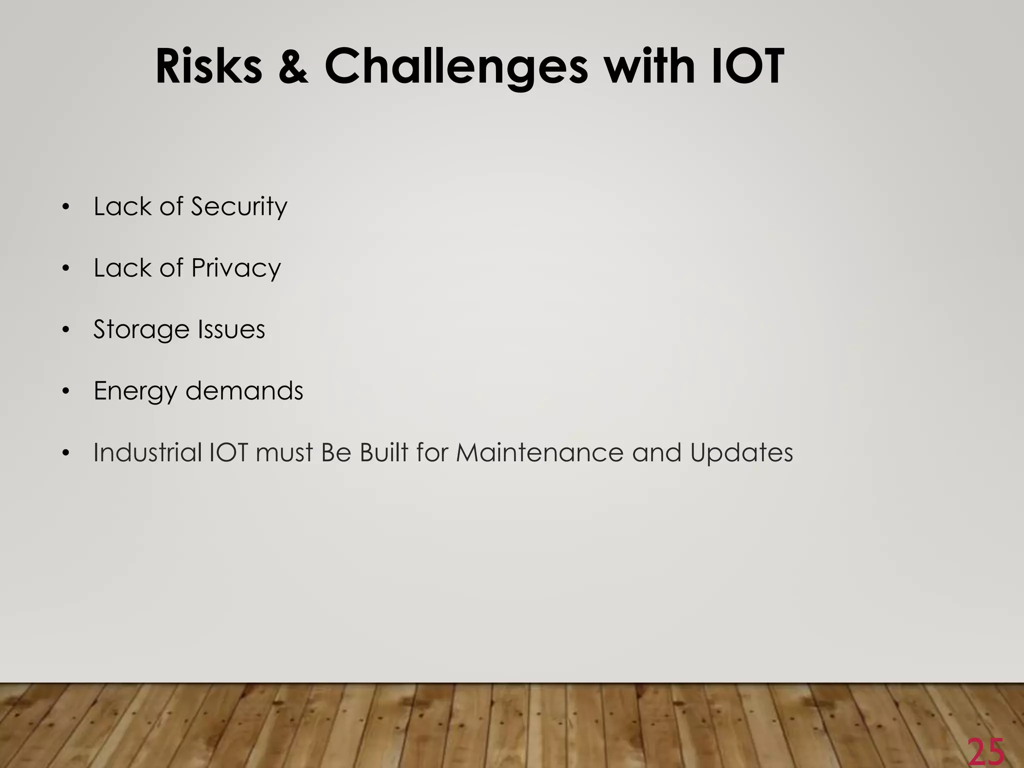 25
Risks & Challenges with IOT
• Lack of Security
• Lack of Privacy
• Storage Issues
• Energy demands
• Industrial IOT must Be Built for Maintenance and Updates
 