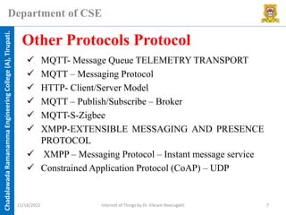 Chadalawada
Ramanamma
Engineering
College
(A),
Tirupati.
Department of CSE
✓ MQTT- Message Queue TELEMETRY TRANSPORT
✓ MQTT – Messaging Protocol
✓ HTTP- Client/Server Model
✓ MQTT – Publish/Subscribe – Broker
✓ MQTT-S-Zigbee
✓ XMPP-EXTENSIBLE MESSAGING AND PRESENCE
PROTOCOL
✓ XMPP – Messaging Protocol – Instant message service
✓ Constrained Application Protocol (CoAP) – UDP
Other Protocols Protocol
11/18/2022 Internet of Things by Dr. Vikram Neerugatti 7
 