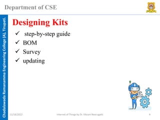 Chadalawada
Ramanamma
Engineering
College
(A),
Tirupati.
Department of CSE
✓ step-by-step guide
✓ BOM
✓ Survey
✓ updating
Designing Kits
11/18/2022 Internet of Things by Dr. Vikram Neerugatti 4
 