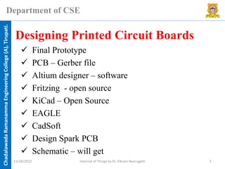 Chadalawada
Ramanamma
Engineering
College
(A),
Tirupati.
Department of CSE
✓ Final Prototype
✓ PCB – Gerber file
✓ Altium designer – software
✓ Fritzing - open source
✓ KiCad – Open Source
✓ EAGLE
✓ CadSoft
✓ Design Spark PCB
✓ Schematic – will get
Designing Printed Circuit Boards
11/18/2022 Internet of Things by Dr. Vikram Neerugatti 5
 