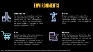 ENVIRONMENTS
Infrastructure
We estimate municipalities worldwide
will increase their spending on IoT
systems at a 30% CAGR, from $36B in
2014 to $133B in 2019. This investment
will generate $421B in economic value
for cities worldwide in 2019.
Retail
Beacons, paired with mobile apps, are
being used in stores to monitor
customer behavior and push
advertisements to customers. In the US,
we estimate $44.4B will be generated
from beacon triggered messages.
Utilities
Energy companies throughout the
world are trying to meet the rising
demand in energy. To do this, they will
be installing nearly 1 B smart meters by
2020.
Hospitality
31% of hotels use next-generation door
locks, 33% have room control devices,
16% have connected TVs, and 15% use
beacons throughout the hotel,
according to Hospitality Technology’s
2015 Lodging Technology survey.
[Source:	http://www.cbronline.com/news/internet-of-things/m2m/smart-connected-always-on-10-huge-iot-impacts-on-10-huge-sectors-4709736v]
 