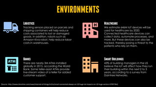 ENVIRONMENTS
Logistics
Tracking sensors placed on parcels and
shipping containers will help reduce
costs associated to lost or damaged
goods. In addition, robots such as
Amazon Kiva robot, help reduce labor
costs in warehouses.
Banks
There are nearly 3M ATMs installed
globally in 2015, according the World
Bank. Some teller-assist ATMs provide
live-stream video of a teller for added
customer support.
Healthcare
We estimate 646M IoT devices will be
used for healthcare by 2020.
Connected healthcare devices can
collect data, automate processes, and
more. But these devices can also be
hacked, thereby posing a threat to the
patients who rely on them.
SmartBuildings
43% of building managers in the US
believe the IoT will affect how they run
their building within the next 2 to 3
years, according to a survey from
Daintree Networks.
[Source:	http://www.cbronline.com/news/internet-of-things/m2m/smart-connected-always-on-10-huge-iot-impacts-on-10-huge-sectors-4709736v]
 