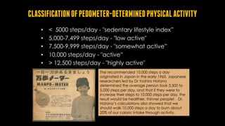 CLASSIFICATIONOFPEDOMETER-DETERMINEDPHYSICALACTIVITY
• < 5000 steps/day - "sedentary lifestyle index”
• 5,000-7,499 steps/day - "low active"
• 7,500-9,999 steps/day - "somewhat active”
• 10,000 steps/day - "active”
• > 12,500 steps/day - "highly active"
The recommended 10,000 steps a day
originated in Japan in the early 1965. Japanese
researchers led by Dr Yoshiro Hatano
determined the average person took 3,500 to
5,000 steps per day, and that if they were to
increase their steps to 10,000 steps per day, the
result would be healthier, thinner people! Dr.
Hatano’s calculations also showed that we
should walk 10,000 steps a day to burn about
20% of our caloric intake through activity.
 