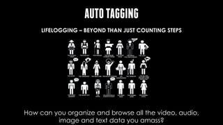AUTOTAGGING
• Fast browsing through memories will be dependent on such annotation
• To do this efficiently, we'll need machine learning algorithms that can automatically
recognize and tag all forms of life-logged data.
• Only then will we get the killer applications,
LIFELOGGING – BEYOND THAN JUST COUNTING STEPS
How can you organize and browse all the video, audio,
image and text data you amass?
 