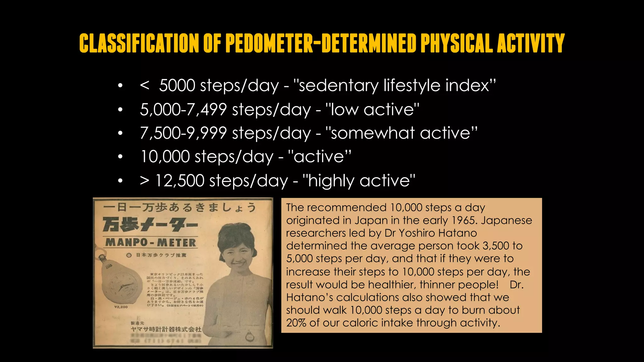 CLASSIFICATIONOFPEDOMETER-DETERMINEDPHYSICALACTIVITY
• < 5000 steps/day - "sedentary lifestyle index”
• 5,000-7,499 steps/day - "low active"
• 7,500-9,999 steps/day - "somewhat active”
• 10,000 steps/day - "active”
• > 12,500 steps/day - "highly active"
The recommended 10,000 steps a day
originated in Japan in the early 1965. Japanese
researchers led by Dr Yoshiro Hatano
determined the average person took 3,500 to
5,000 steps per day, and that if they were to
increase their steps to 10,000 steps per day, the
result would be healthier, thinner people! Dr.
Hatano’s calculations also showed that we
should walk 10,000 steps a day to burn about
20% of our caloric intake through activity.
 