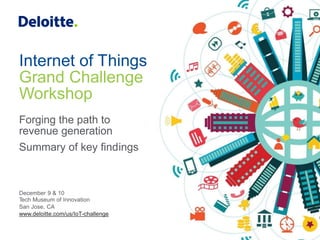 Internet of Things
Grand Challenge
Workshop
Forging the path to
revenue generation
Summary of key ﬁndings
December 9 & 10
Tech Museum of Innovation
San Jose, CA
www.deloitte.com/us/IoT-challenge
 