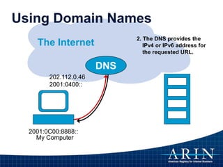 The Internet
2001:0C00:8888::
My Computer
202.112.0.46
2001:0400::
Using Domain Names
DNS
2. The DNS provides the
IPv4 or IPv6 address for
the requested URL.
 