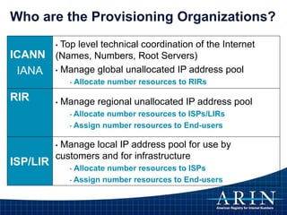 Who are the Provisioning Organizations?
ICANN
IANA
• Top level technical coordination of the Internet
(Names, Numbers, Root Servers)
• Manage global unallocated IP address pool
• Allocate number resources to RIRs
RIR • Manage regional unallocated IP address pool
• Allocate number resources to ISPs/LIRs
• Assign number resources to End-users
ISP/LIR
• Manage local IP address pool for use by
customers and for infrastructure
• Allocate number resources to ISPs
• Assign number resources to End-users
 