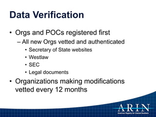 Data Verification
• Orgs and POCs registered first
– All new Orgs vetted and authenticated
• Secretary of State websites
• Westlaw
• SEC
• Legal documents
• Organizations making modifications
vetted every 12 months
 