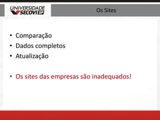 Os SitesComparaçãoDados completosAtualizaçãoOs sites das empresas são inadequados!