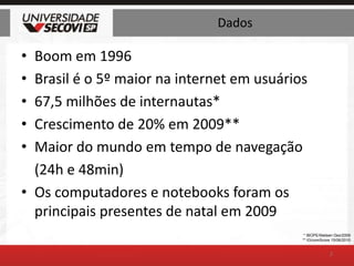 DadosBoom em 1996Brasil é o 5º maior na internet em usuários67,5 milhões de internautas*Crescimento de 20% em 2009**Maior do mundo em tempo de navegação	(24h e 48min)Os computadores e notebooks foram os principais presentes de natal em 20092* IBOPE/Nielsen Dez/2009** IG/comScore 15/06/2010