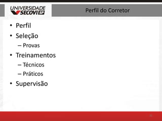 Perfil do CorretorPerfilSeleçãoProvasTreinamentosTécnicosPráticosSupervisão21