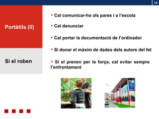 Cal comunicar-ho als pares i a l’escola Cal denunciar Si donar el màxim de dades dels autors del fet Si el prenen per la força, cal evitar sempre l’enfrontament Cal portar la documentació de l’ordinador Si el roben Portàtils (ll) 