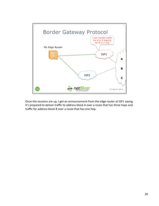 Once	
  the	
  sessions	
  are	
  up,	
  I	
  get	
  an	
  announcement	
  from	
  the	
  edge	
  router	
  at	
  ISP1	
  saying	
  
it’s	
  prepared	
  to	
  deliver	
  traﬃc	
  to	
  address	
  block	
  A	
  over	
  a	
  route	
  that	
  has	
  three	
  hops	
  and	
  
traﬃc	
  for	
  address	
  block	
  B	
  over	
  a	
  route	
  that	
  has	
  one	
  hop.	
  
20	
  
 