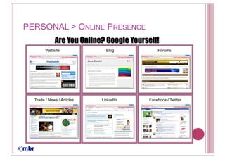 PERSONAL > ONLINE PRESENCE
             !"#$%&'$()*+)#,$-&&.*#$%&'"/#*01
        Website               Blog           Forums




  Trade / News / Articles   LinkedIn     Facebook / Twitter
 