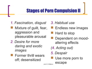 Stages of Porn Compulsion II

1. Fascination, disgust           3. Habitual use
 Mixture of guilt, fear,          Endless new images
   aggression and                  Hard to stop
   pleasurable arousal             Dependent on mood-
2. Desire for more                   altering effects
   daring and exotic              (4. Acting out)
   images
                                  5. Despair
 Former thrill wears
                                   Use more porn to
   off; desensitized
                                     escape
                      John R. Williams
 