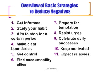 Overview of Basic Strategies
         to Reduce Negatives

1. Get informed                7. Prepare for
2. Study your habit               temptation
3. Aim to stop for a           8. Resist urges
certain period                 9. Celebrate daily
4. Make clear                     successes
boundaries                     10. Keep motivated
5. Get control                 11. Expect relapses
6. Find accountability
   allies
                   John R. Williams
 