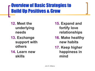Overview of Basic Strategies to
Build Up Positives & Grow

12. Meet the                    15. Expand and
  underlying                      fortify love
  needs                           relationships
13. Exchange                    16. Make healthy
  support with                    new habits
  others                        17. Keep higher
14. Learn new                     happiness in
  skills                          mind

                 John R. Williams
 