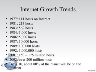Internet Growth Trends
• 1977: 111 hosts on Internet
• 1981: 213 hosts
• 1983: 562 hosts
• 1984: 1,000 hosts
• 1986: 5,000 hosts
• 1987: 10,000 hosts
• 1989: 100,000 hosts
• 1992: 1,000,000 hosts
• 2001: 150 – 175 million hosts
• 2002: over 200 million hosts
• By 2010, about 80% of the planet will be on the
Internet
 
