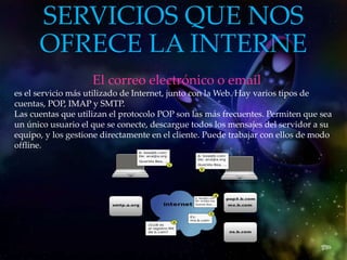 SERVICIOS QUE NOS
OFRECE LA INTERNE
El correo electrónico o email
es el servicio más utilizado de Internet, junto con la Web. Hay varios tipos de
cuentas, POP, IMAP y SMTP.
Las cuentas que utilizan el protocolo POP son las más frecuentes. Permiten que sea
un único usuario el que se conecte, descargue todos los mensajes del servidor a su
equipo, y los gestione directamente en el cliente. Puede trabajar con ellos de modo
offline.
 