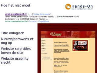 Hoe het niet moet Title onlogisch Nieuwsjaarswens er nog op Website rare titles boven de site Website usability slecht 