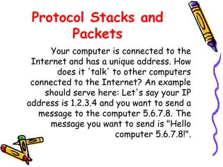 Protocol Stacks and
Packets
Your computer is connected to the
Internet and has a unique address. How
does it 'talk' to other computers
connected to the Internet? An example
should serve here: Let's say your IP
address is 1.2.3.4 and you want to send a
message to the computer 5.6.7.8. The
message you want to send is "Hello
computer 5.6.7.8!".
 