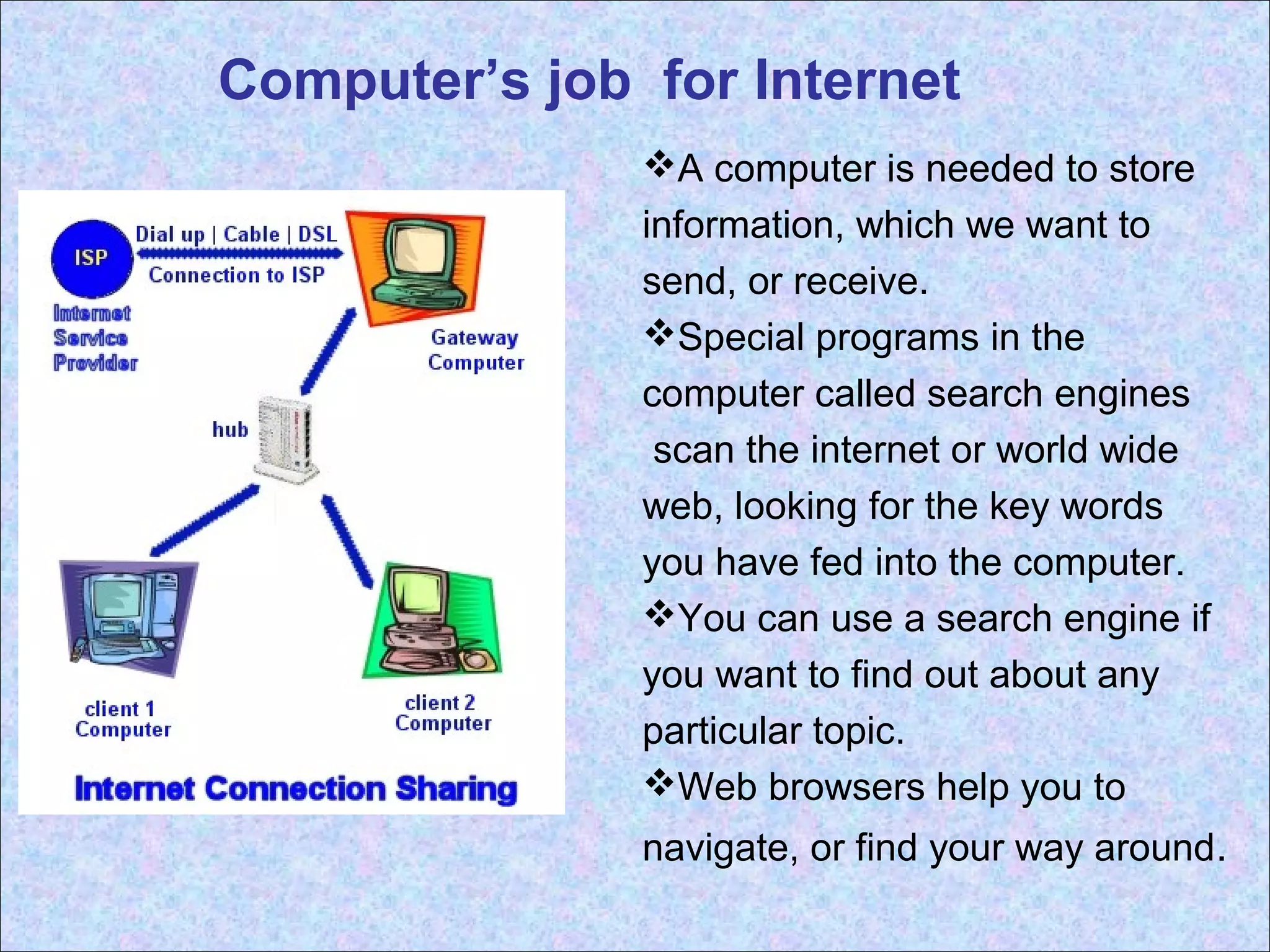 Computer’s job for Internet 
A computer is needed to store 
information, which we want to 
send, or receive. 
Special programs in the 
computer called search engines 
scan the internet or world wide 
web, looking for the key words 
you have fed into the computer. 
You can use a search engine if 
you want to find out about any 
particular topic. 
Web browsers help you to 
navigate, or find your way around. 
 